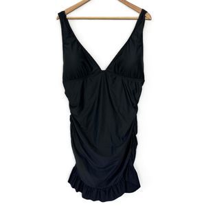NWT J.Crew Size 18 One Piece Black‎ Swim Dress V-Neck Ruched Swimwear